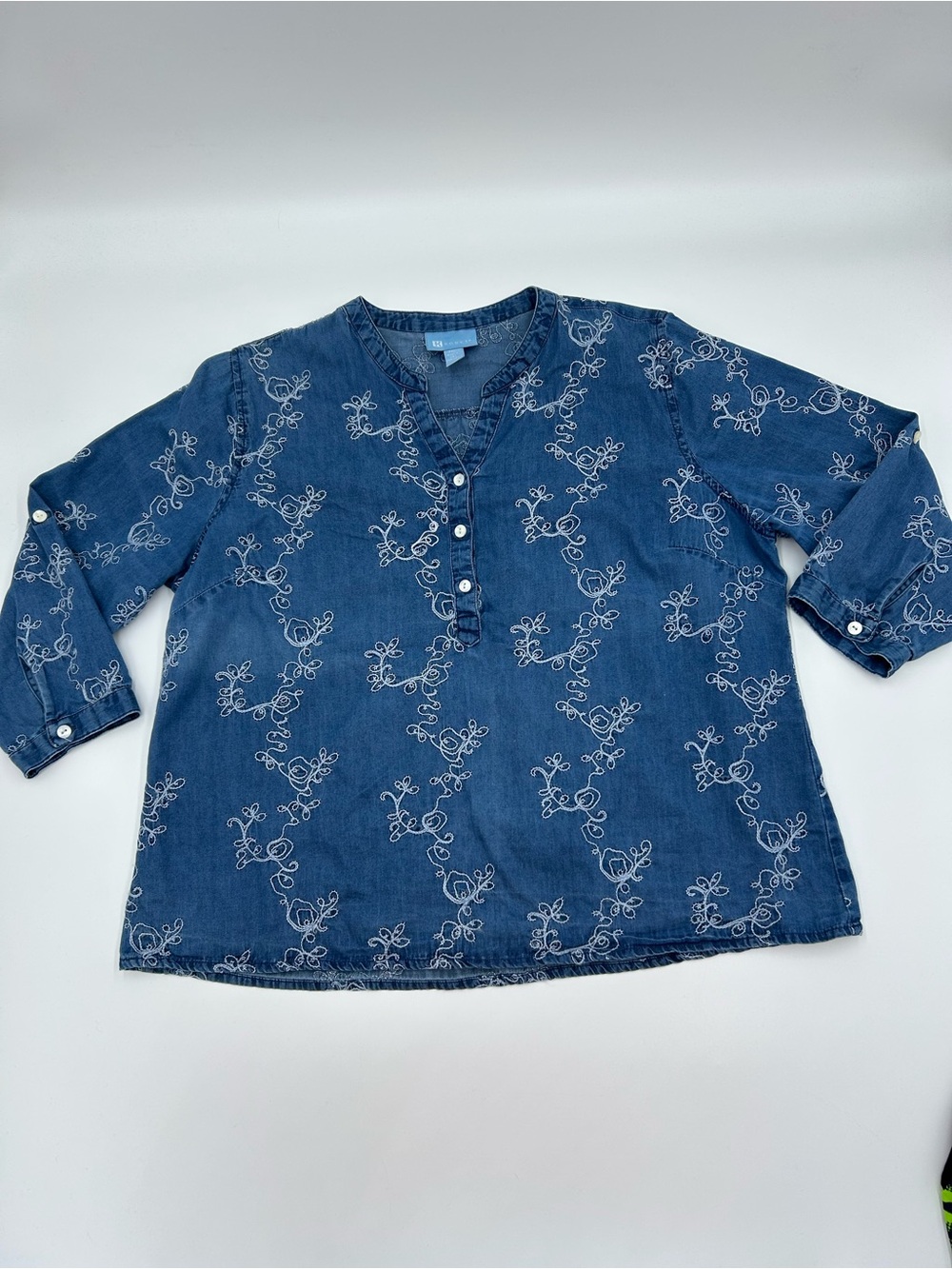 Koret Blue Denim Embroidered Henley Top PXL